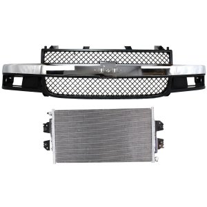 Grille 2-Piece Kit for 2003-2023 Chevrolet Express / Savana Van, Gray Shell and Insert with Chrome Center Bar, for Composite Headlights and A/C Condenser Replacement