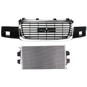 2-Piece Kit Grille for 2003-2023 GMC Express/Savana Van, Chrome Shell with Painted Black Insert, Headlight Composite, Air Conditioning Condenser Replacement