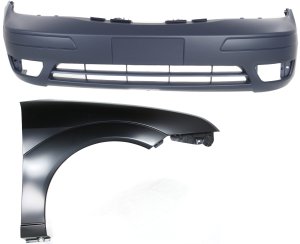 Front Bumper Cover for 2005-2007 Ford Focus, Primed (Ready to Paint), 2-Piece Kit with Fender, Replacement
