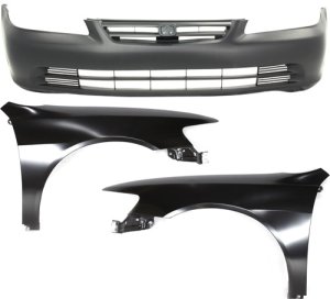 Front Bumper Cover for 2001-2002 Honda Accord, 3-Piece Kit with Right (Passenger) and Left (Driver) Front Fender, Replacement