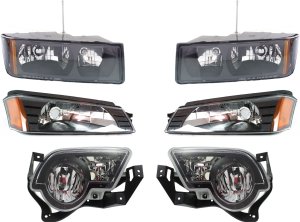 Headlight Assembly Kit for 2002-2006 Chevrolet Avalanche 1500/2500, Right (Passenger) and Left (Driver), Halogen, 6-Piece kit, with Fog and Turn Signal Lights, Replacement