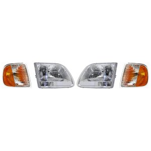 Headlight Assembly Kit for Ford F-150 2001-2003, Right (Passenger) and Left (Driver), Halogen, 4-Piece kit with Corner Lights, Replacement