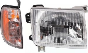 Headlight Assembly Kit for Nissan Frontier 1998-2000 / Xterra 2000-2001, Right (Passenger) Side, Halogen, with Corner Light, 2-Piece Set, Replacement