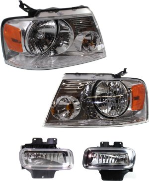 Headlight Assembly Kit for 2004-2006 Ford F-150 / 2006 Mark LT, Right (Passenger) and Left (Driver), 4-Piece, Halogen, with Fog Lights, Replacement