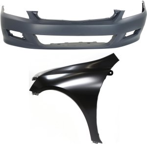 Front Bumper Cover 2-Piece Kit with Left (Driver) Fender for 2006-2007 Honda Accord, Replacement Part