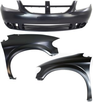 Front Bumper Cover Kit for 2005-2007 Dodge Caravan, 3-Piece Set with Fenders, Replacement Part