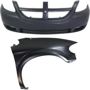 Front Bumper Cover for Dodge Caravan 2005-2007, 2-Piece Kit with Fender, Replacement