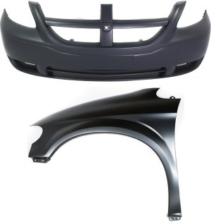 Front Bumper Cover for 2005-2007 Dodge Caravan, 2-Piece Kit with Fender, Replacement