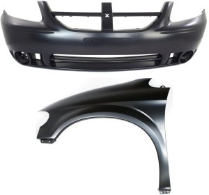 Front Bumper Cover for 2005-2007 Dodge Caravan, 2-Piece Kit with Fender, Replacement Part
