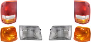 Headlight Kit for Ford Ranger 1993-1997, Right (Passenger) and Left (Driver) with Bulbs, 6-Piece Set, Includes Corner Light and Tail Light Replacement