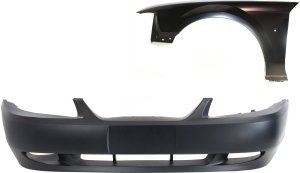 Front Bumper Cover for Ford Mustang 1999-2004, Primed (Ready to Paint), 2-Piece Kit with Fender, Replacement