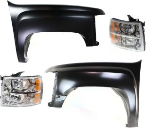 Front Fender for Chevrolet Silverado 2500HD 2007-2014, Right (Passenger) and Left (Driver), 4-Piece Kit with Headlight, Replacement