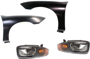 Headlight Assembly Kit for 2003-2005 Chevrolet Cavalier, Right (Passenger) and Left (Driver) Halogen Lights, 4-Piece with Fenders, Replacement