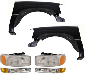 Front Fender, Right (Passenger) and Left (Driver), with Fenders and Headlights, 6-Piece Kit for GMC Sierra Pickup 1999-2007, Replacement