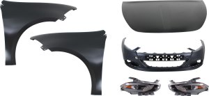 Headlight Assembly Kit for 2013-2016 Dodge Dart, Right (Passenger) and Left (Driver), Halogen, 6-Piece with Bumper Cover, Fenders, and Hood Replacement
