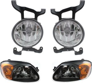 Headlight Assembly Kit for 2003-2006 Hyundai Accent, Right (Passenger) and Left (Driver), Halogen, 4-Piece with Fog Lights, Replacement