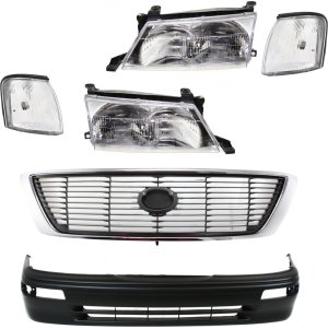 Headlight Assembly Kit for 1995-1997 Toyota Avalon including Right (Passenger) and Left (Driver) Halogen Lights, 6-Piece with Bumper Cover, Corner Lights, Grille Assembly Replacement