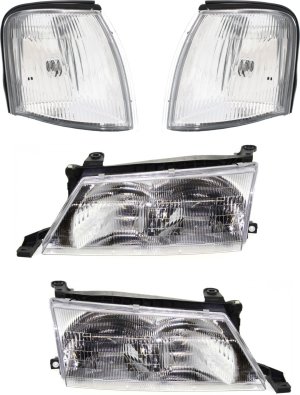 Headlight with Bulbs and Corner Lights for 1995-1997 Toyota Avalon, 4-Piece Kit, Right (Passenger), Left (Driver) Replacement