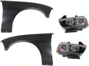 Headlight Assembly for Dodge Charger 2011-2014, Right (Passenger) and Left (Driver), 4-Piece kit, Halogen, with Fenders Replacement