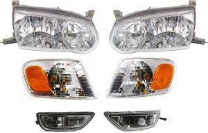 Headlight Assembly Kit for 2001-2002 Toyota Corolla, Right (Passenger) and Left (Driver), Halogen, 6-Piece with Corner and Fog Lights, Replacement
