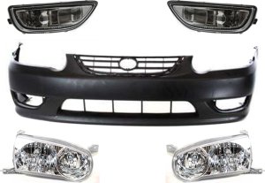 Front Bumper Cover Kit for 2001-2002 Toyota Corolla, Primed (Ready to Paint), 5-Piece with Fog Lights and Headlights, Replacement