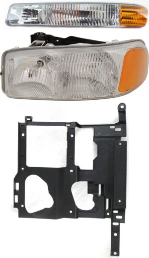 Headlight Assembly Kit for GMC Sierra 1500/2500 (1999-2002) / Yukon (2000-2006), Left (Driver) Side, Halogen, 3-Piece with Parking Light and Headlight Bracket, Replacement