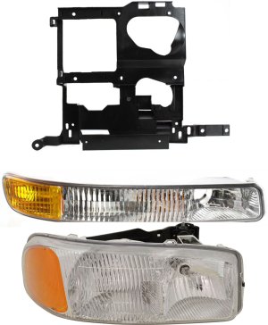 Headlight Assembly Kit for GMC Sierra 1500/2500 (1999 - 2002) and Yukon (2000 - 2006), Right (Passenger) Side, Includes Halogen 3-Piece Set with Parking Light, Headlight Bracket. Replacement.
