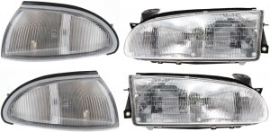 Headlight Kit for 1993-1997 Geo Prizm, Right (Passenger) and Left (Driver), with Bulbs, 4-Piece Set including Corner Lights, Replacement