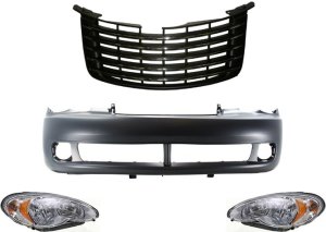 Headlight Assembly Kit for Chrysler PT Cruiser 2006-2010, Right (Passenger) and Left (Driver), Halogen, 4-Piece Kit, Including Bumper Cover and Grille Assembly Replacement