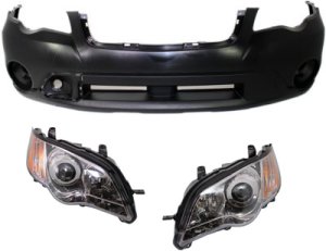 Front Bumper Cover Kit for 2008-2009 Subaru Outback, Primed (Ready to Paint), 3-Piece with Headlights, Replacement