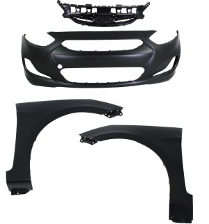 Front Bumper Cover Kit for 2012-2013 Hyundai Accent, Primed (Ready to Paint), 4-Piece with Grille and Fenders, Replacement
