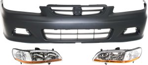 Front Bumper Cover Kit for 2001-2002 Honda Accord, 3-Piece with Headlights, Replacement