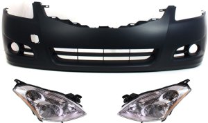 Headlight Assembly Kit for 2010-2012 Nissan Altima, Includes Right (Passenger) and Left (Driver) Halogen Lights, 3-Piece Set with Bumper Cover, Replacement