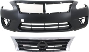 Front Bumper Cover Kit for Nissan Altima 2013-2015, Primed (Ready to Paint), 2-Piece with Grille, Replacement
