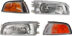 Headlight Assembly Kit for 1997-2001 Mitsubishi Mirage, Right (Passenger) and Left (Driver), Halogen, 4-Piece with Corner Lights, Replacement