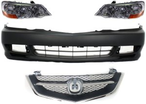 Front Bumper Cover Kit for Acura TL 2002-2003, 4-Piece with Grille and Headlights, Replacement 