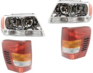 Headlight and Tail Light Kit for Jeep Grand Cherokee 1999-2002, Right (Passenger) and Left (Driver), with Bulbs, 4-Piece Set, Replacement