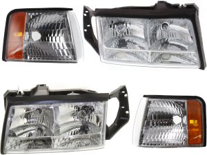 Headlight Assembly Kit for 1997-1999 Cadillac DeVille, Right (Passenger) and Left (Driver), Halogen, 4-Piece with Corner Lights, Replacement