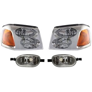 Headlight Assembly Kit for 2002-2009 GMC Envoy, Right (Passenger) and Left (Driver) Halogen, 4-Piece with Corner Lights, Replacement