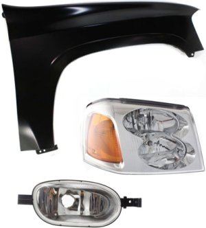 Headlight Assembly Kit for 2002-2009 GMC Envoy, Right (Passenger), Halogen, 3-Piece Set including Corner Light and Fender, Replacement