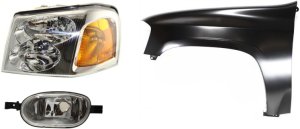 Headlight Assembly Kit for 2002-2009 GMC Envoy, Left (Driver) Side, Includes Halogen Light, 3-Piece Kit, with Corner Light and Fender, Replacement
