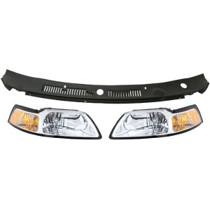 Cowl Grille Kit for Ford Mustang 2001-2004, 3-Piece set with Headlights, Replacement