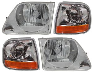 Headlight with Bulbs for Ford F-Series 1997-2004, Right (Passenger) and Left (Driver), 4-Piece Kit, with Corner Lights, Replacement F-150, F-250, F-350, F-450, F-550