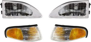 Headlight Kit for Ford Mustang 1994-1998, Right (Passenger) and Left (Driver) Sides, with Bulbs and Corner Lights, 4-Piece Kit with Replacement