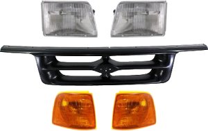Headlight Kit for 1995-1997 Ford Ranger, Right (Passenger) and Left (Driver), with Bulbs, 5-Piece set, including Corner Lights and Grille Assembly, Replacement