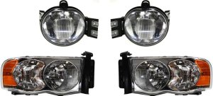 Headlight Assembly Kit for Dodge Full Size Pickup (2002-2005) Right (Passenger) and Left (Driver), Halogen, 4-Piece kit, with Fog Lights, Replacement