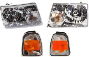 Headlight with Bulbs for Ford Ranger 2006-2011, Right (Passenger) and Left (Driver), 4-Piece kit, Includes Corner Lights, Replacement