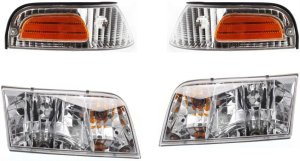 Headlight Assembly Kit for Ford Crown Victoria 1998-2011, Right (Passenger) and Left (Driver), Halogen, 4-Piece Set with Corner Lights, Replacement