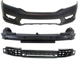 Front Bumper Cover Kit for 2013-2015 Honda Accord Sedan, Primed (Ready to Paint), 3-Piece with Bumper Absorber and Bumper Reinforcement, Replacement