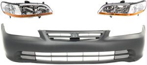 Headlight Kit for 2001-2002 Honda Accord, Right (Passenger) and Left (Driver) Lens and Housing, Halogen, 3-Piece with Bumper Cover, Replacement
